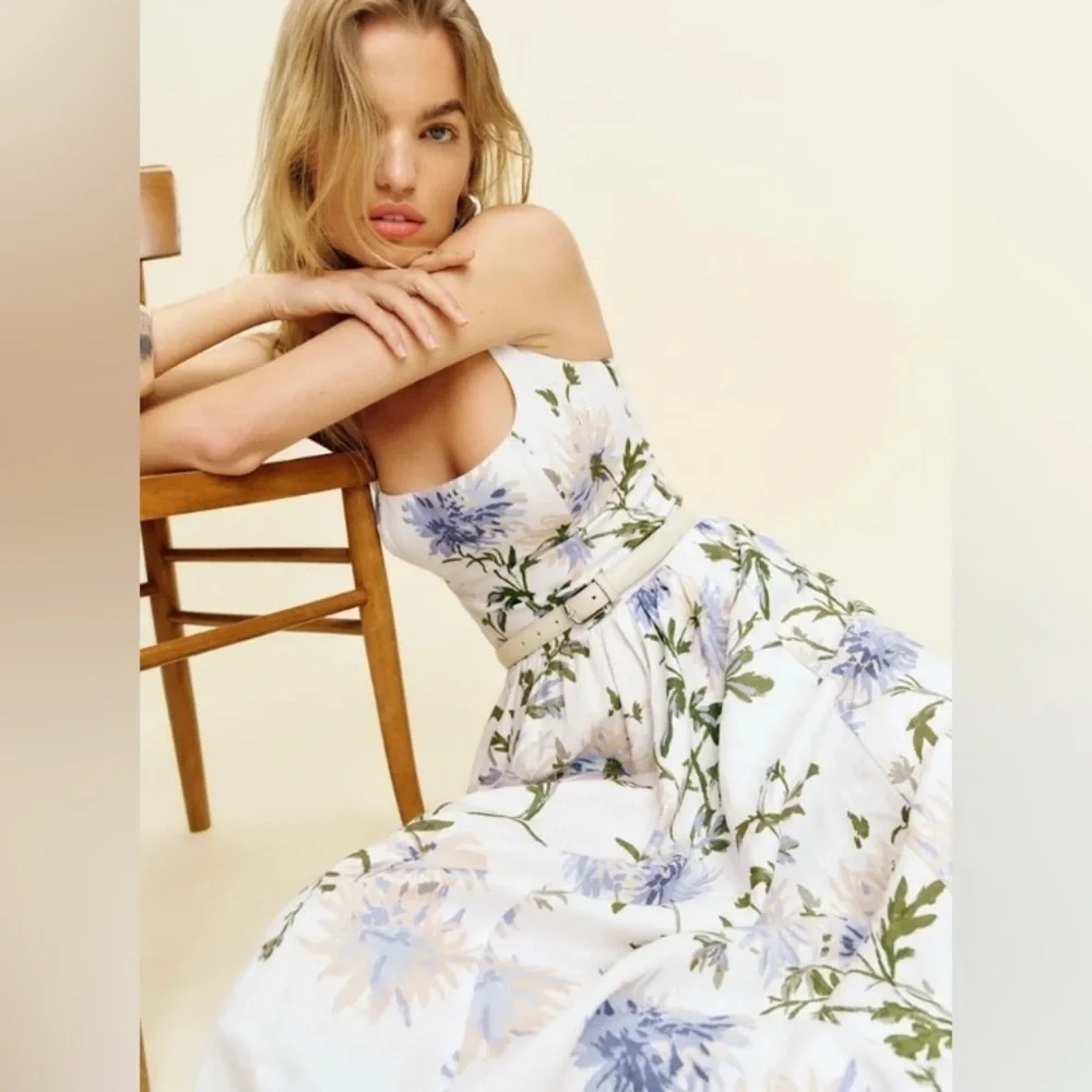 New Reformation Janu Linen Midi Dress - Serenity Blue White Floral size 6 - Picture 2 of 15